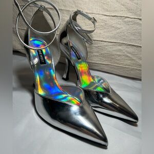 Nine West Metallic Silver Pointed-Toe Ankle-Strap Heels 7.5M